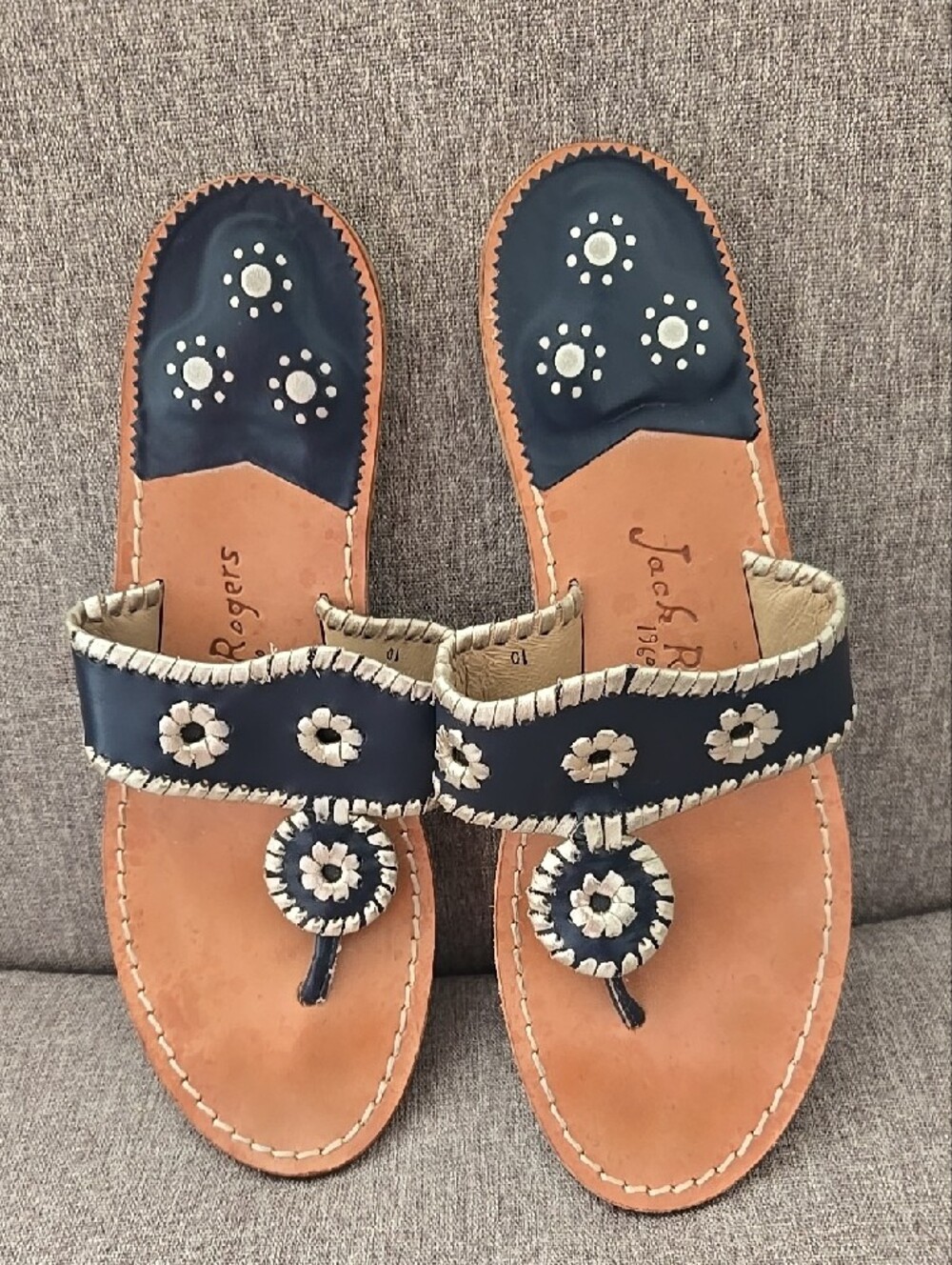 Jack Rogers Navy and Tan Leather Floral-Accent Toe-Loop Sandals